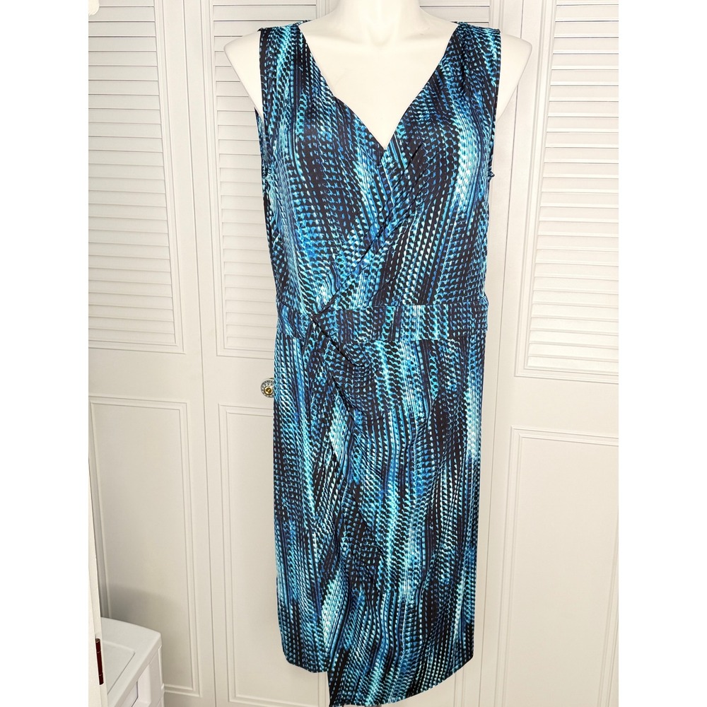 T Tahari Sheath Dress Womens Large Blue Black Geometric V-Neck Exposed Zip Exc